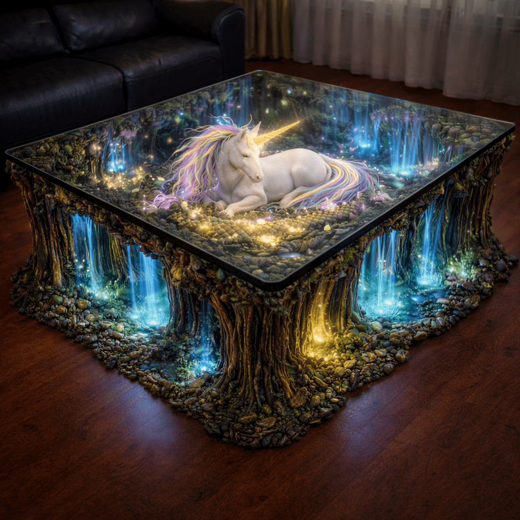 Magical unicorn resin coffee table showing a resting unicorn surrounded by glowing lights and sculpted forest details