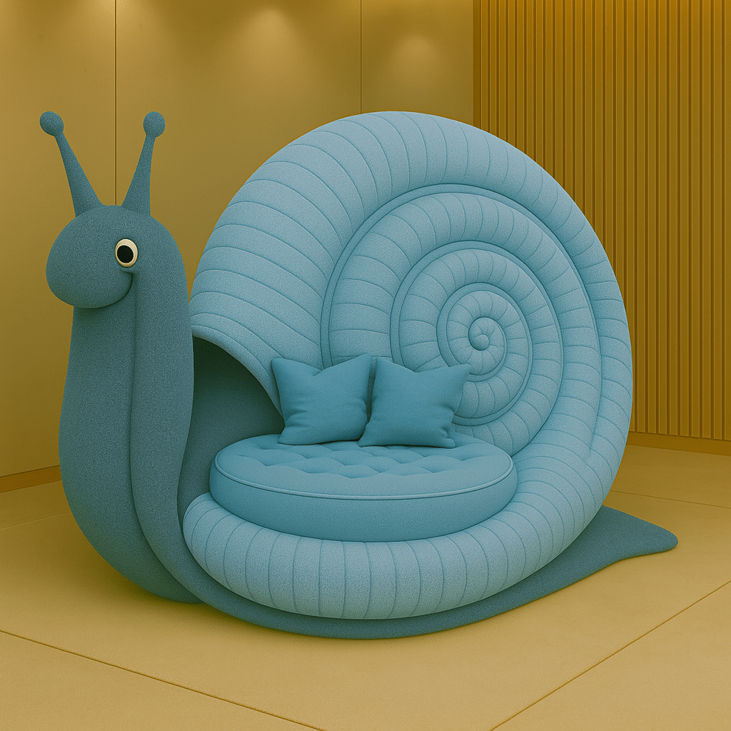 Soft blue oversized snail-shaped lounge armchair with spiral shell design