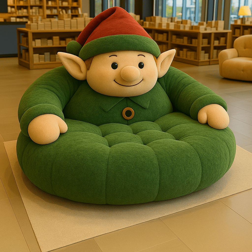 Green oversized elf plush armchair with pointed ears and festive design