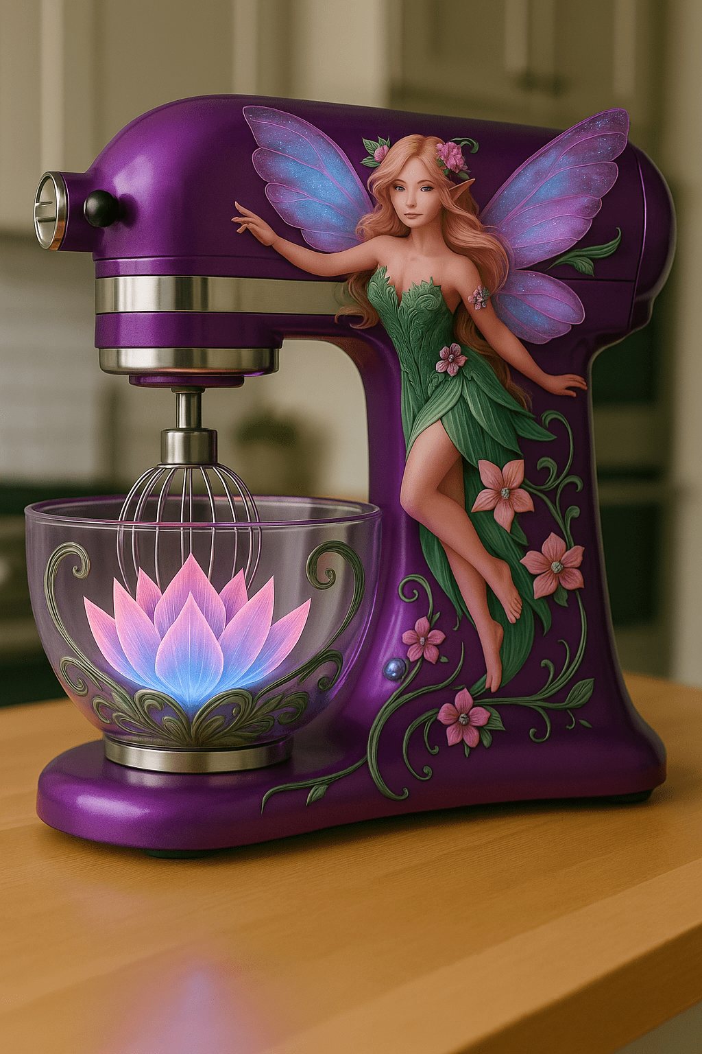 Purple fairy stand mixer with winged fairy sculpture and glowing lotus bowl