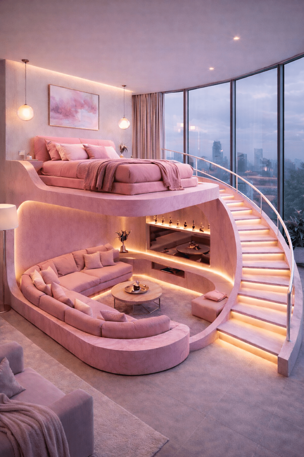 Pink luxury split-level bedroom lounge with elevated bed and sunken seating area