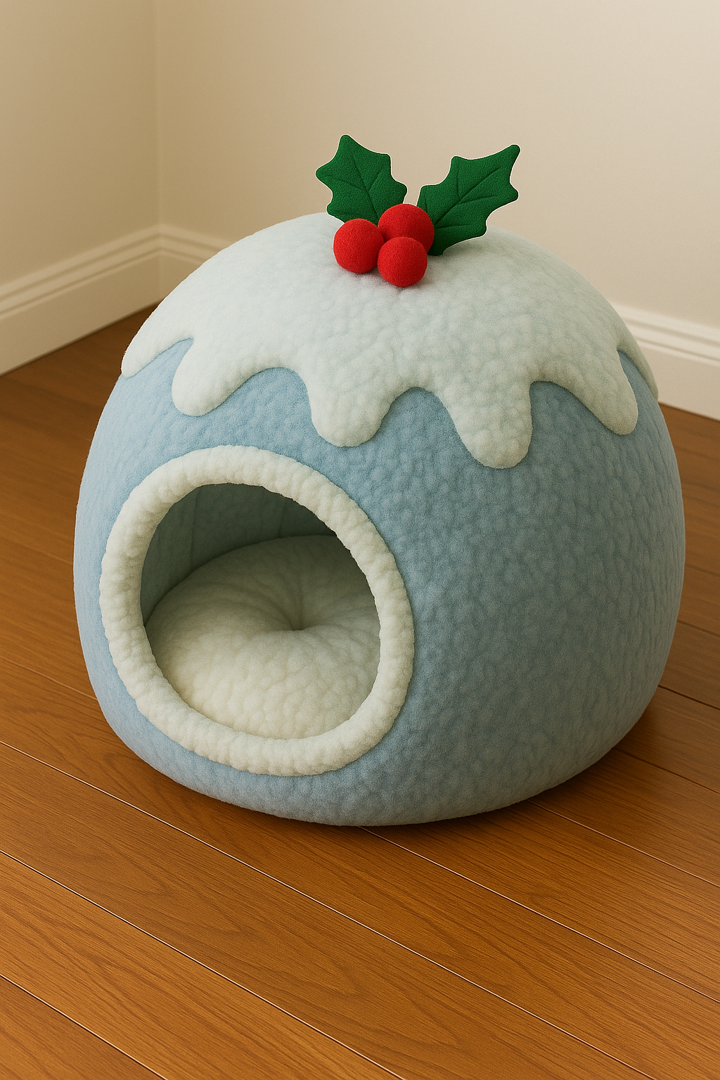 Blue Christmas pudding cat bed with soft padded lining and festive icing detail