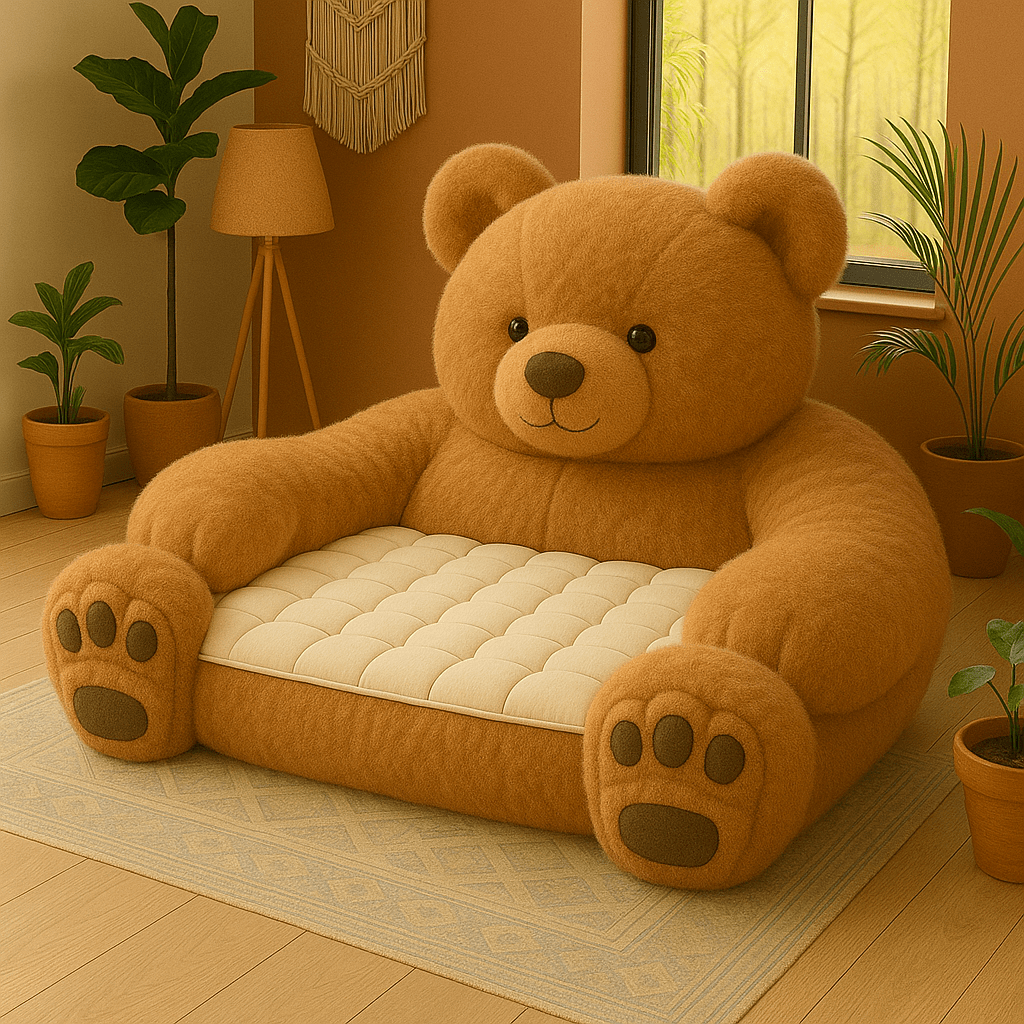 Large plush brown teddy bear armchair styled in a warm, neutral living room