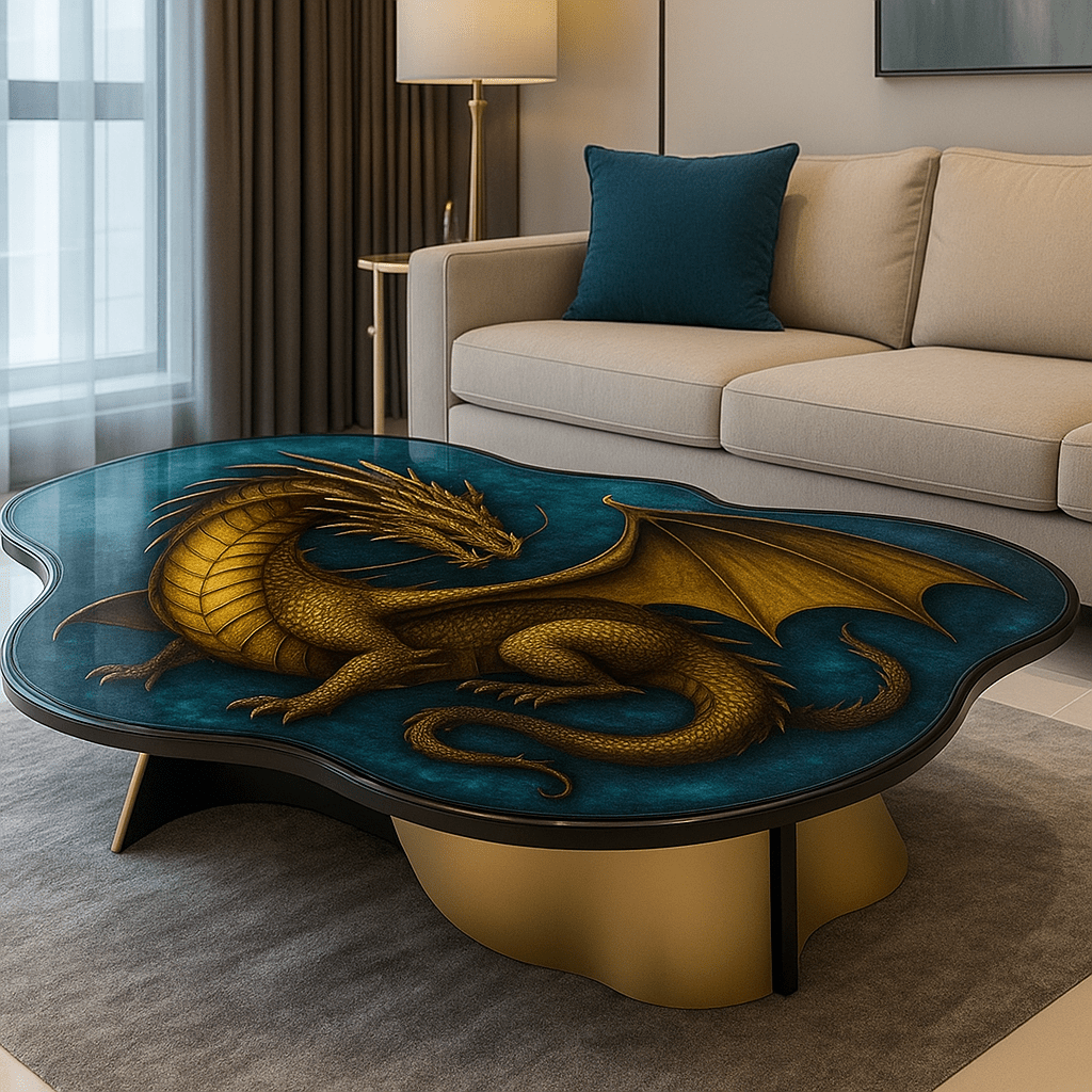 Blue dragon resin coffee table showcasing detailed dragon artwork and glossy finish