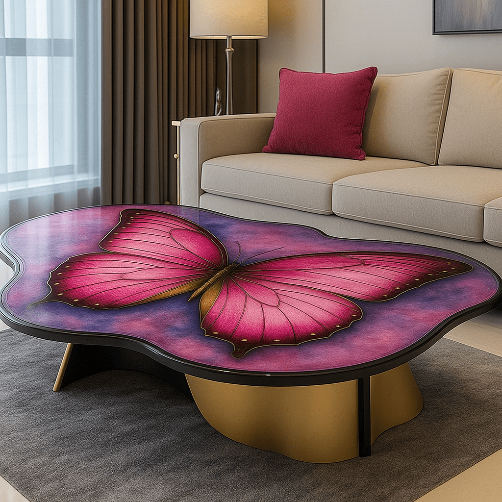 Pink and purple butterfly resin coffee table with glossy artistic finish