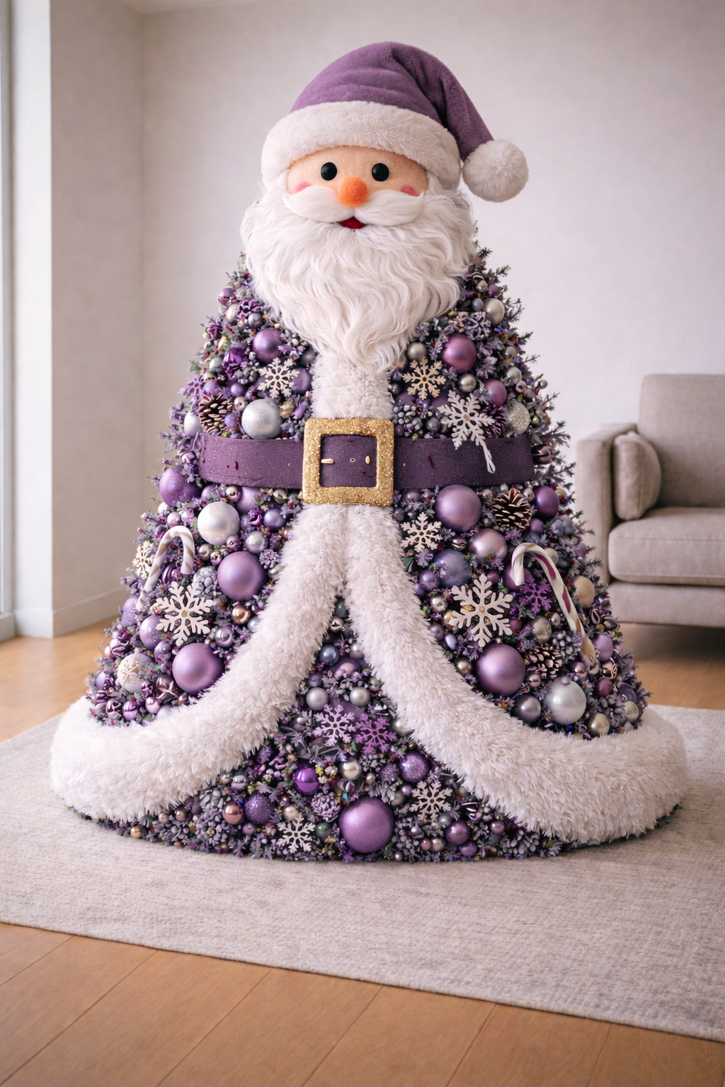 Purple Santa Christmas tree dress with silver and lilac decorations in a stylish interior
