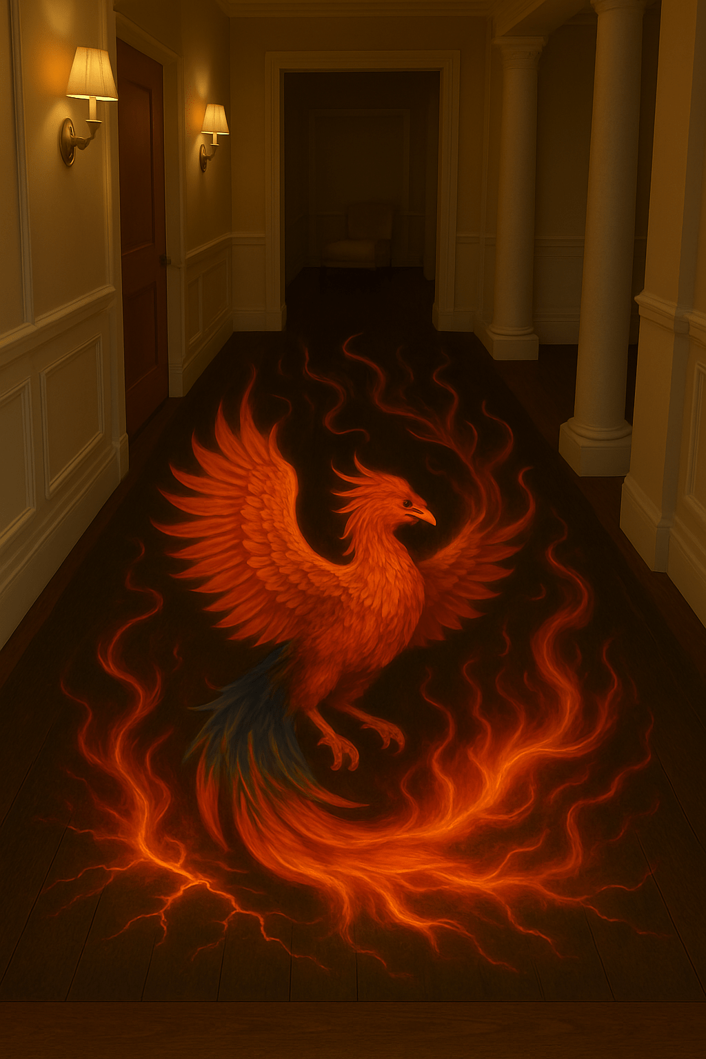 Glowing orange phoenix floor illusion with swirling flames in an elegant hallway