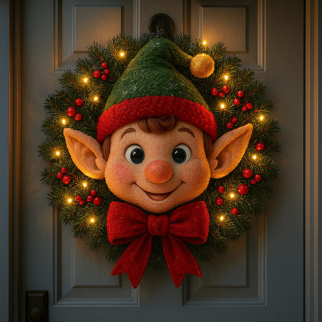 Elf character Christmas wreath with green hat, red bow, and illuminated greenery