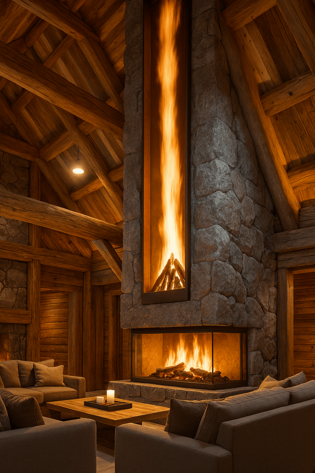 Rustic living room showcasing a dramatic vertical fireplace extending from floor to ceiling within a stone structure