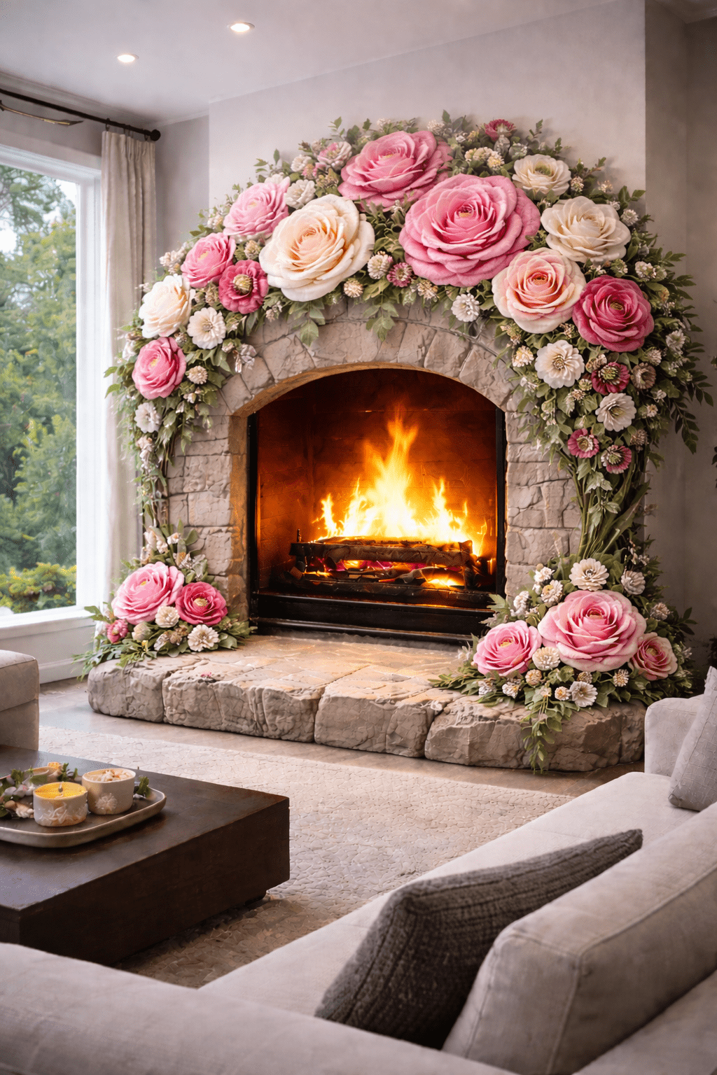 Floral fireplace display featuring pink roses and greenery framing a stone fireplace with a lit fire