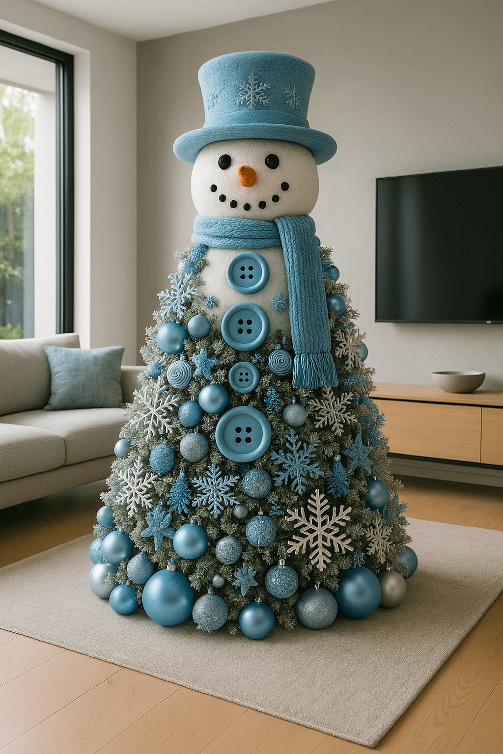 Blue snowman Christmas tree featuring icy ornaments and soft winter tones