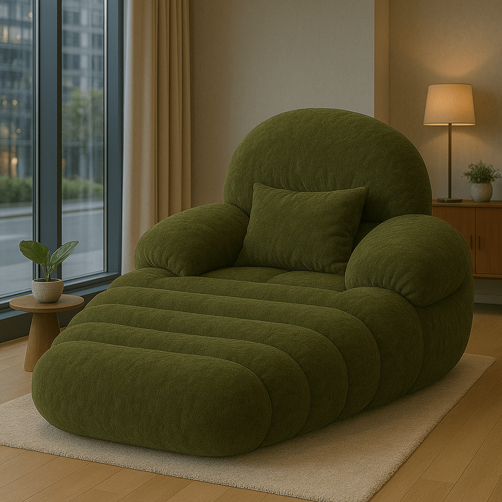 A plush oversized forest green lounge chair positioned in a contemporary living space with soft natural light.