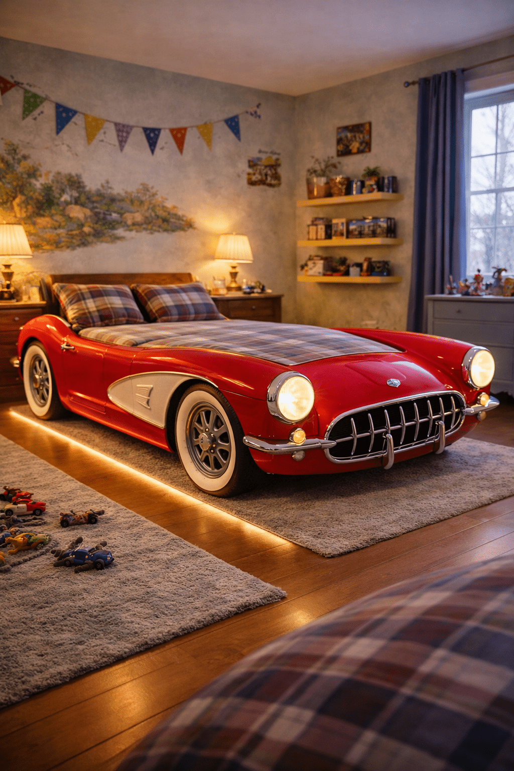 Red classic car-shaped children’s bed with integrated lighting in a modern bedroom