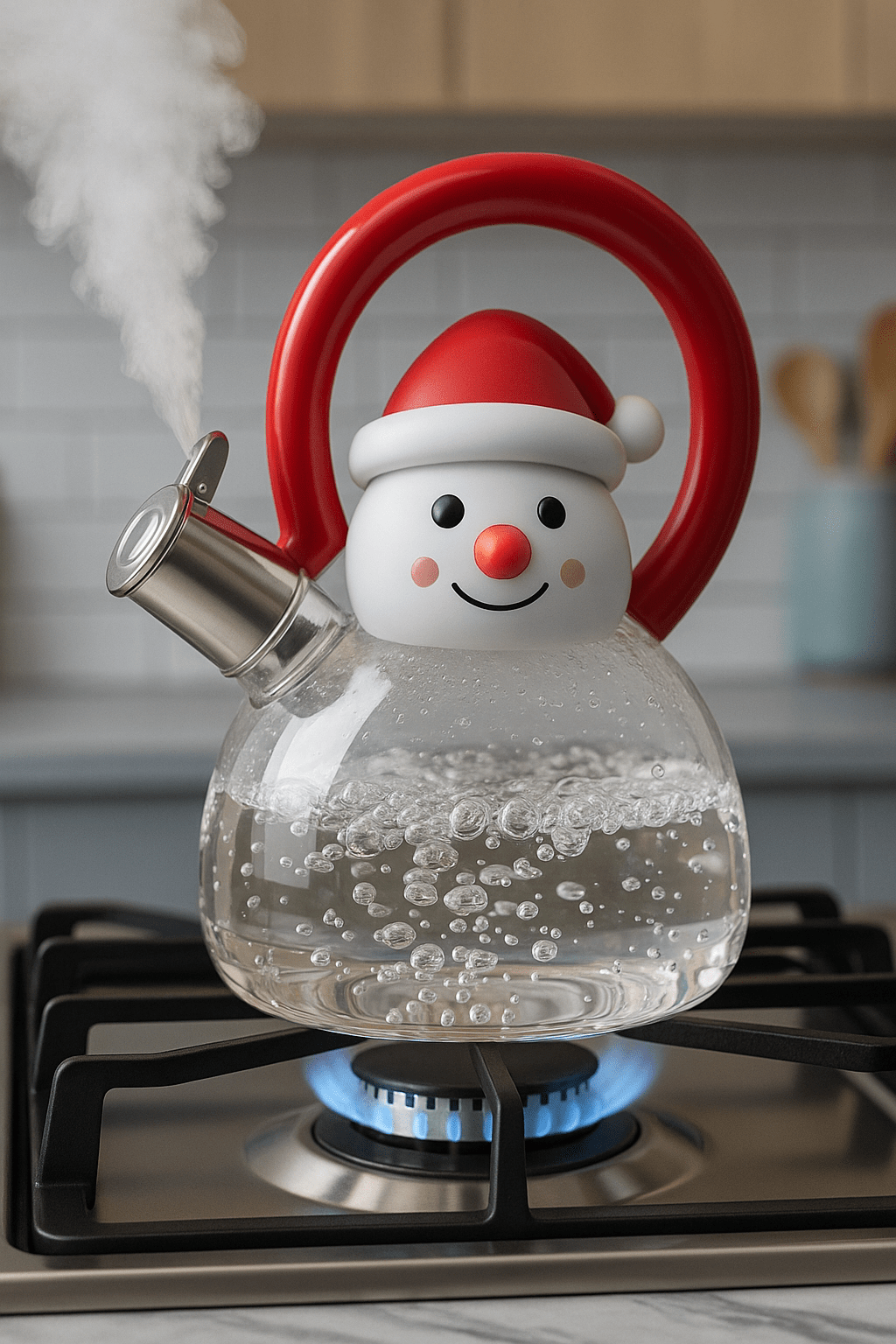 Cute snowman Christmas kettle with clear glass body heating on stovetop