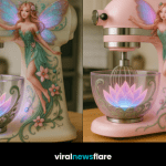 Collection of fairy stand mixers in pink, purple, green and cream with glowing lotus bowls