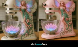 Collection of fairy stand mixers in pink, purple, green and cream with glowing lotus bowls