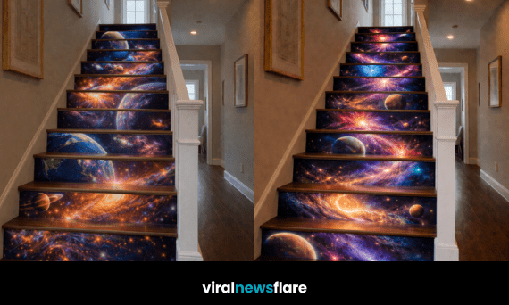 Luxury galaxy staircase transforming stair risers into immersive cosmic artwork