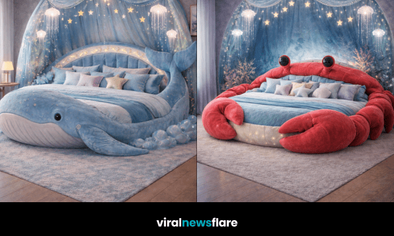 Collection of ocean-inspired statement beds including shell, crab, turtle, and whale designs