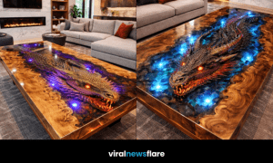 Enchanted dragon resin coffee table showcasing detailed dragon sculpture and illuminated resin design