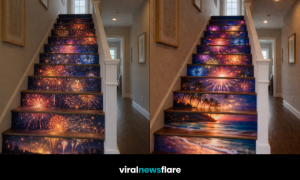 Firework staircase design transforming a modern staircase into a vibrant celebratory art installation