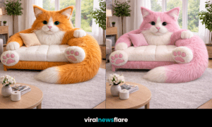 Collection of oversized cat-shaped sofas in blue, orange, purple and pink colours