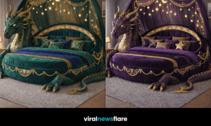 Collection of dragon-shaped statement beds with celestial canopies in luxury fantasy bedrooms