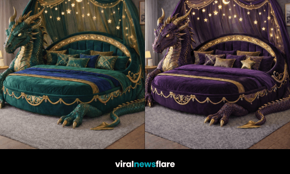Collection of dragon-shaped statement beds with celestial canopies in luxury fantasy bedrooms