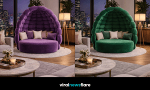 Collection of oversized plush cocoon lounge chairs in cream, green, pink, and purple within modern interiors