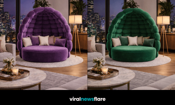 Collection of oversized plush cocoon lounge chairs in cream, green, pink, and purple within modern interiors