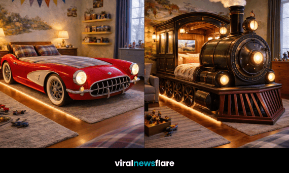 Collection of imaginative vehicle-themed children’s beds including train, car, boat, and horse cart designs