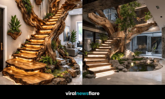 Luxury enchanted forest staircase featuring carved wooden steps, integrated tree structure, and tranquil indoor water feature