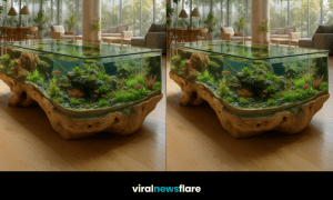 Contemporary living room featuring a luxury aquarium coffee table with aquatic plants and fish beneath a glass surface