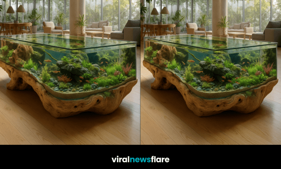 Contemporary living room featuring a luxury aquarium coffee table with aquatic plants and fish beneath a glass surface
