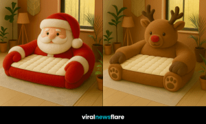 Collection of oversized Christmas character armchairs including Santa, reindeer, elf, and snowman designs