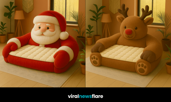 Collection of oversized Christmas character armchairs including Santa, reindeer, elf, and snowman designs