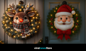 Collection of Christmas character wreaths including Santa, snowman, elf, and reindeer designs on front doors