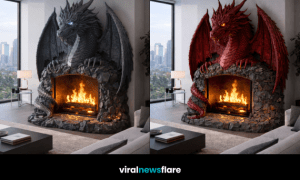 Sculptural dragon fireplace centrepiece transforming a modern living room into a fantasy-inspired space