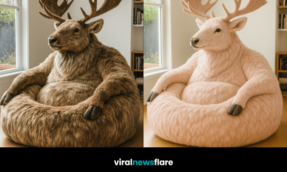 Collection of oversized reindeer armchairs in pink, brown, chestnut and grey tones