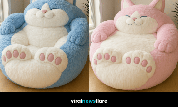 Collection of oversized cat armchairs in pastel pink, blue, purple, and orange