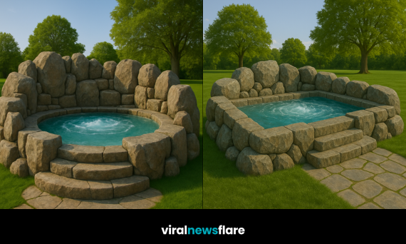 Luxury natural stone outdoor hot tub creating a tranquil garden spa retreat