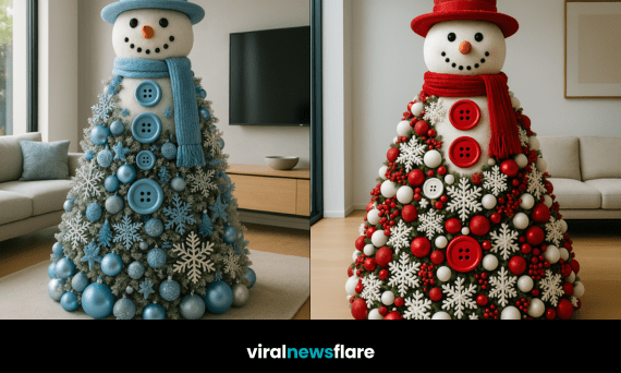 Designer snowman Christmas tree centrepiece in a modern living room setting