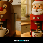 Collection of festive Christmas character coffee machines including Santa, reindeer, elf, and granny designs