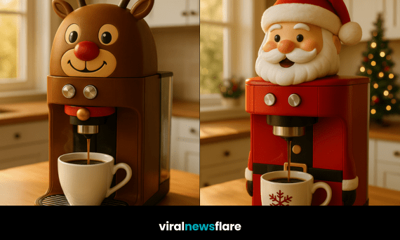 Collection of festive Christmas character coffee machines including Santa, reindeer, elf, and granny designs