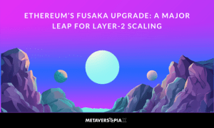 Illustrated banner representing Ethereum’s Fusaka upgrade and its role in advancing Layer-2 scaling and blockchain efficiency.
