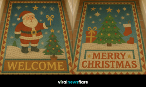 Collection of handcrafted Christmas mosaic entrance floors featuring Santa, trees, wreaths, and winter scenes