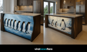 Luxury penguin kitchen island blending illuminated art, wood, and stone in a modern interior