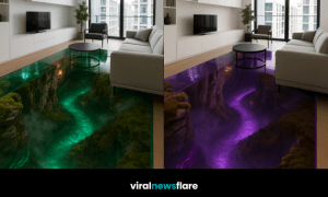 Luxury illuminated resin canyon floor with 3D depth and integrated LED lighting in a modern living room