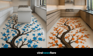 Luxury modern kitchen featuring artistic floral resin flooring with tree design