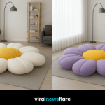 Collection of oversized flower-shaped floor cushions in pastel colours styled in a contemporary living room