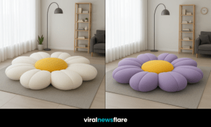 Collection of oversized flower-shaped floor cushions in pastel colours styled in a contemporary living room